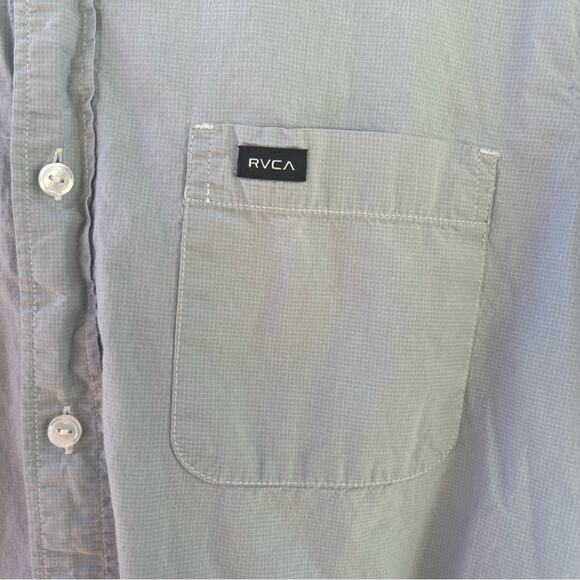 RVCA Button Up Collar Shirt Short Sleeve Gingham Geometric Blue Gray - Picture 2 of 5
